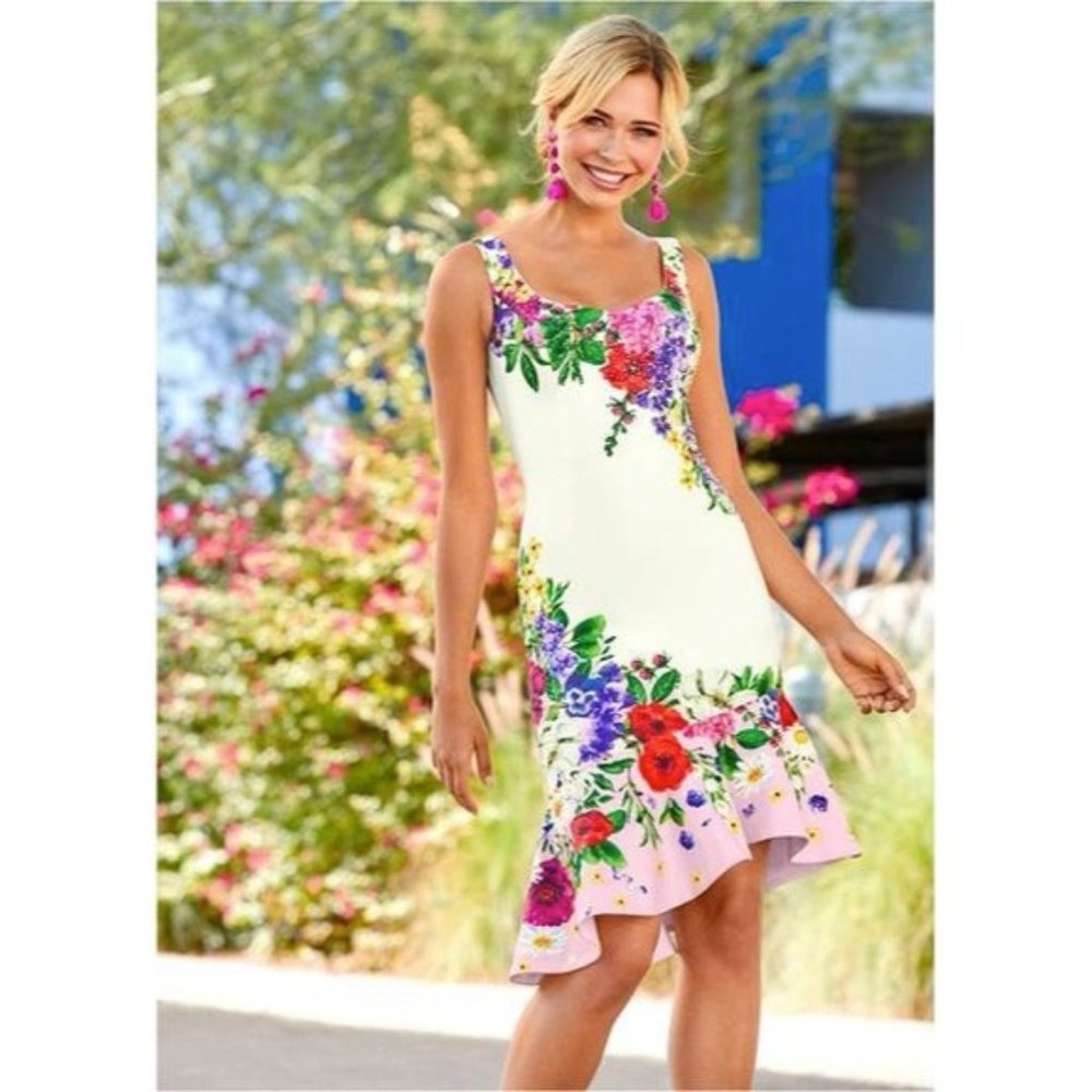 VENUS Floral Midi Dress in White and Pink
